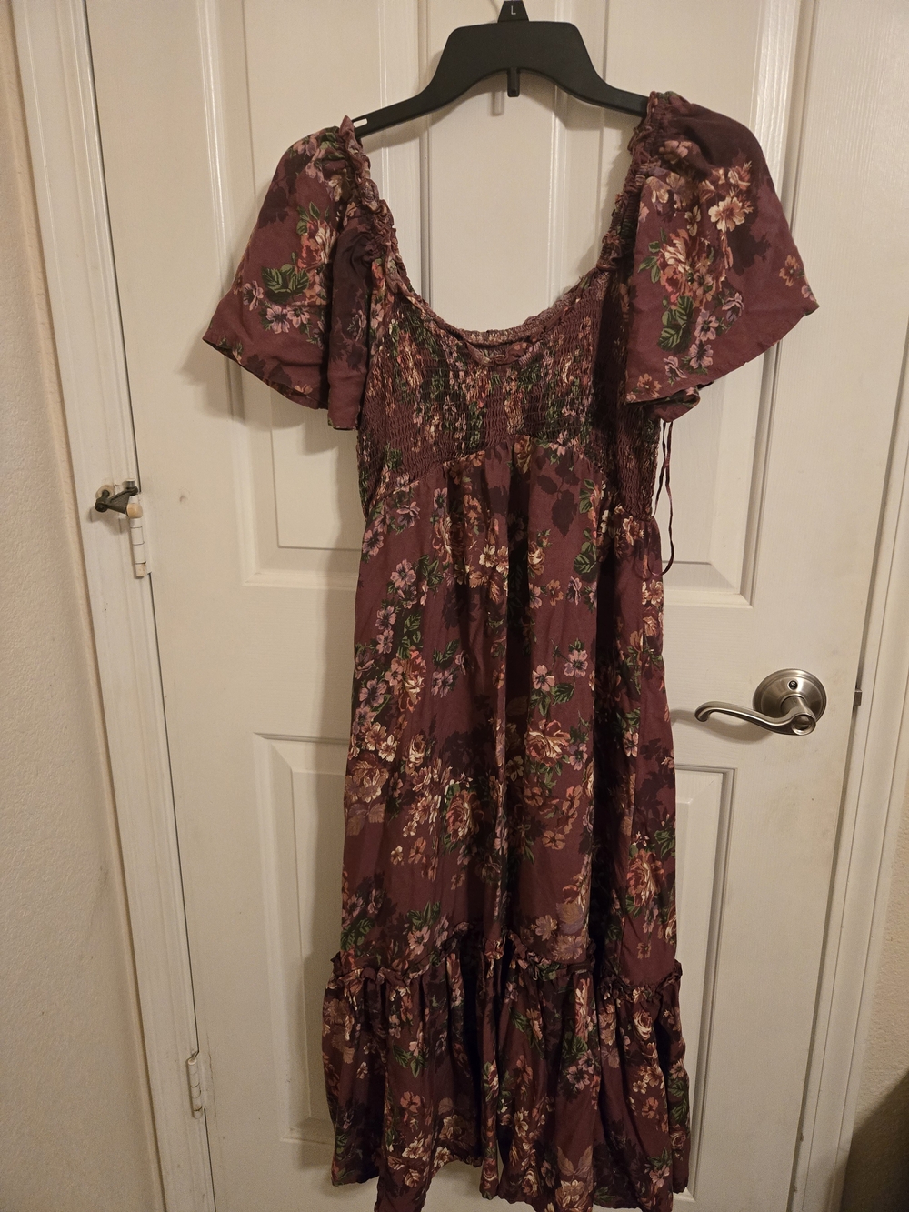Maurices Plum Floral Maxi Dress with Smocked Bodice